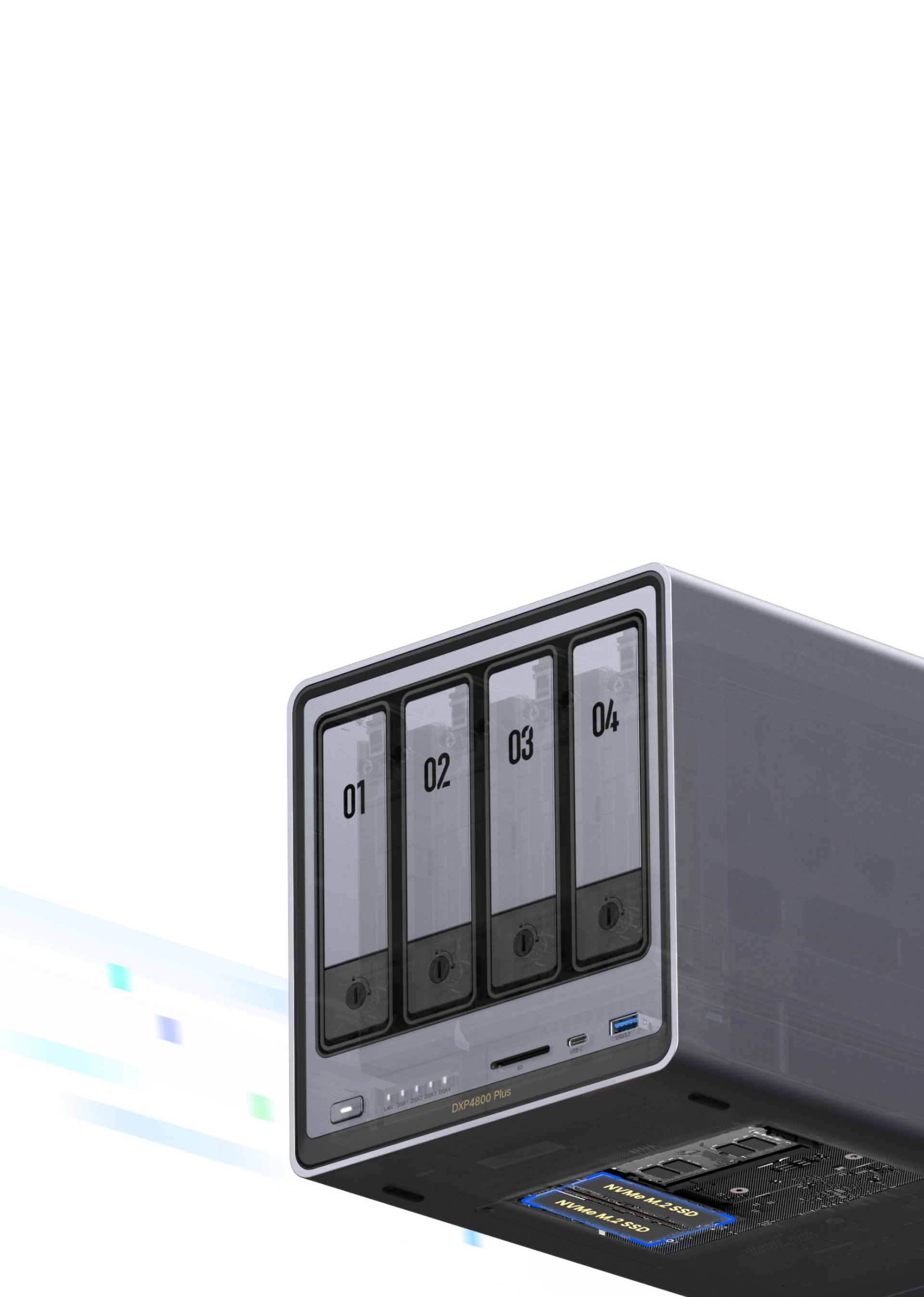 Le NASync est équipé de deux emplacements M.2 NVMe pour SSD, augmentant considérablement les vitesses de lecture et d'écriture pour des performances accrues.