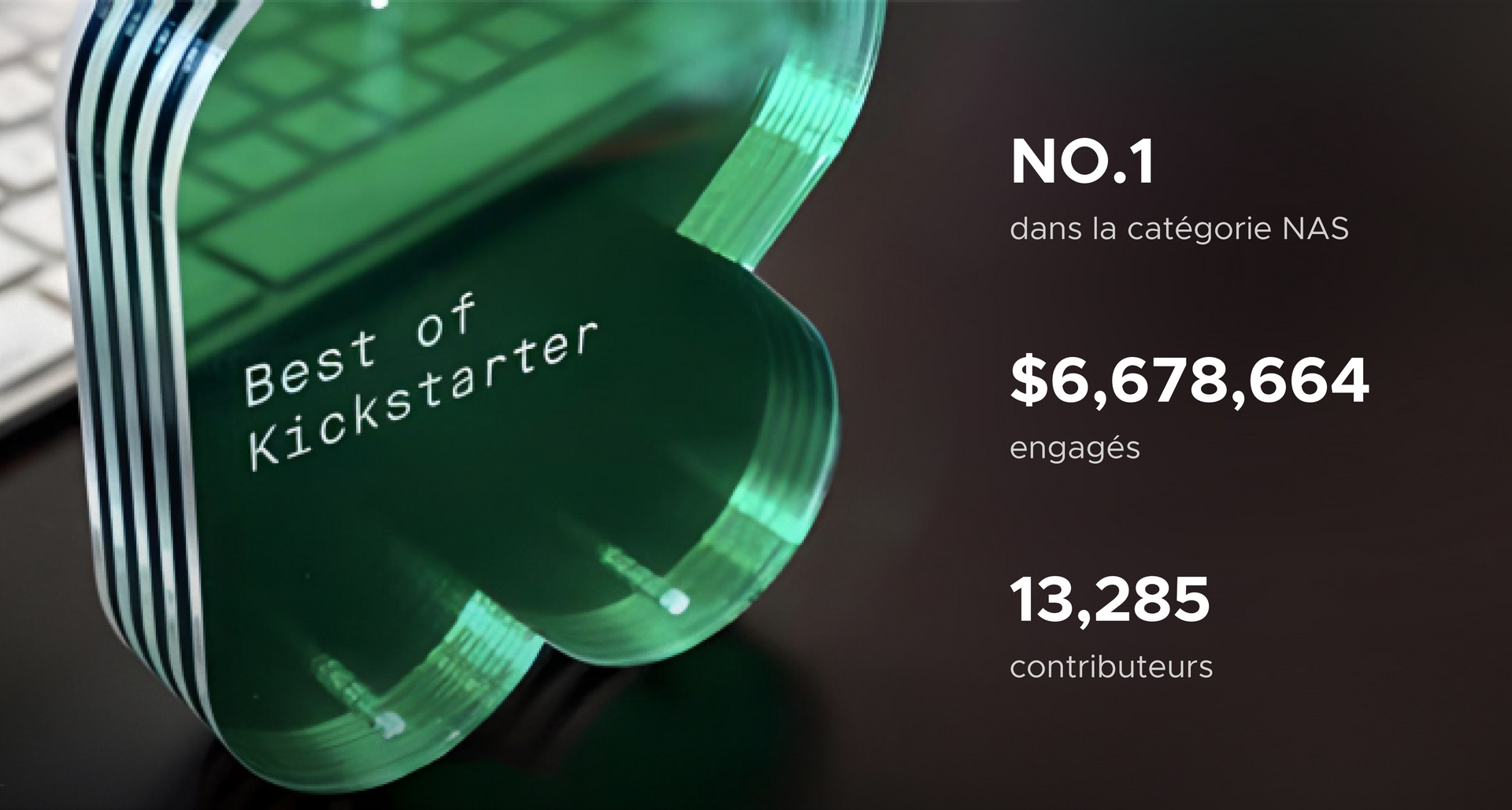 Trophée Best of Kickstarter récompensant UGREEN NASync, classé numéro 1 dans la catégorie NAS avec plus de 6,6 millions de dollars engagés et 13 285 contributeurs