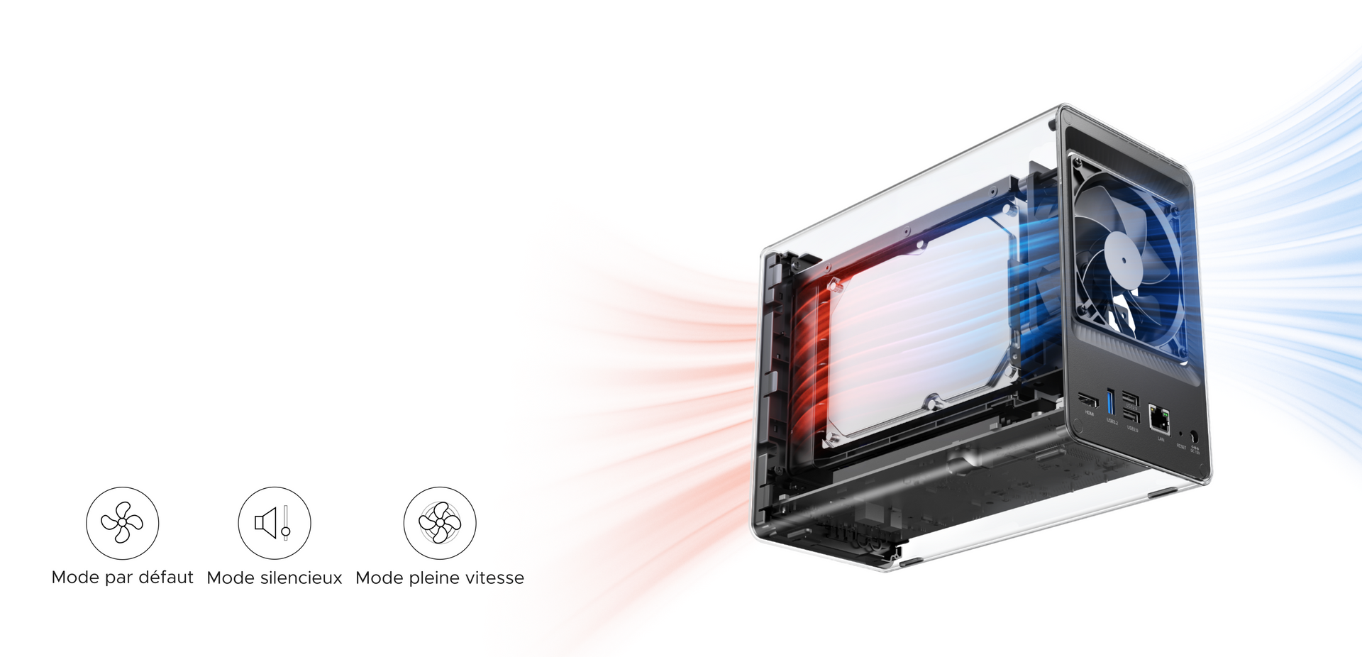 Système de refroidissement efficace et silencieux du NAS UGREEN avec flux d’air chaud et froid, trois modes de ventilation et un niveau sonore réduit entre 29 et 34 dB pour des performances stables