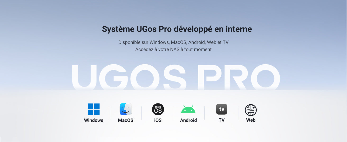 Interface multi-plateforme du système UGREEN UGOS Pro, compatible avec Windows, MacOS, iOS, Android, TV et Web pour un accès NAS fluide