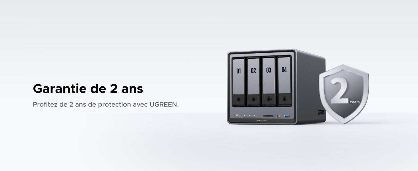 L'UGREEN DXP4800 Plus est couvert par une garantie après-vente de deux ans.