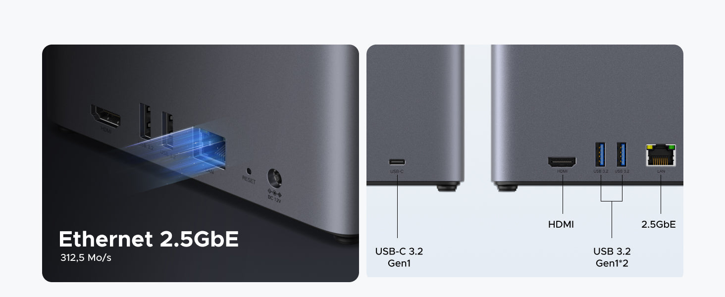 Ports du NAS UGREEN DH4300 Plus avec connectivité Ethernet 2.5GbE, USB 3.2 et HDMI pour transferts de données rapides et haute compatibilité