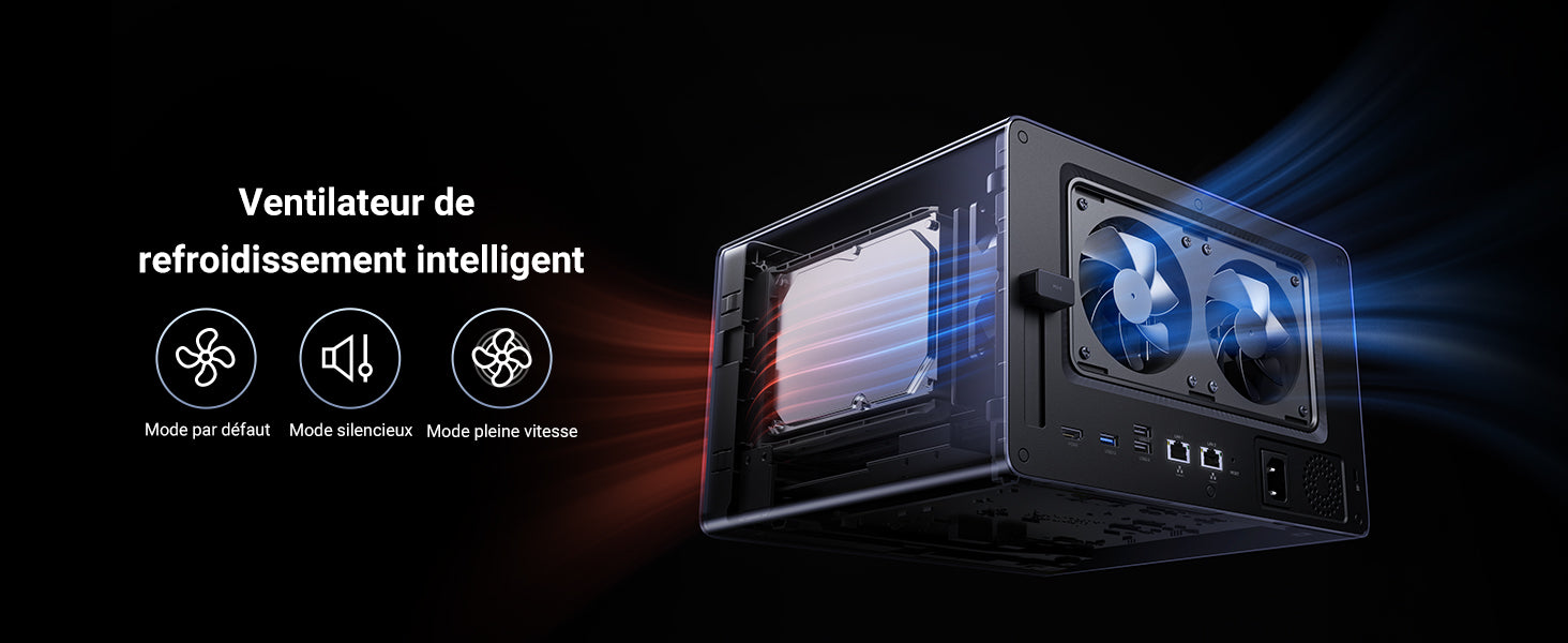 Système de refroidissement intelligent du NAS UGREEN DXP6800 Pro avec double ventilateur et modes silencieux, par défaut et pleine vitesse