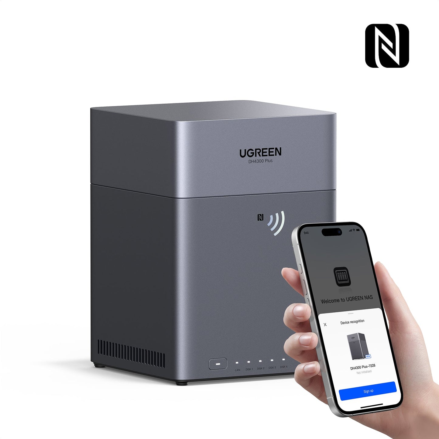 NAS UGREEN NASync DH4300 Plus avec connectivité NFC – appairage instantané du smartphone pour un accès rapide et sécurisé aux fichiers