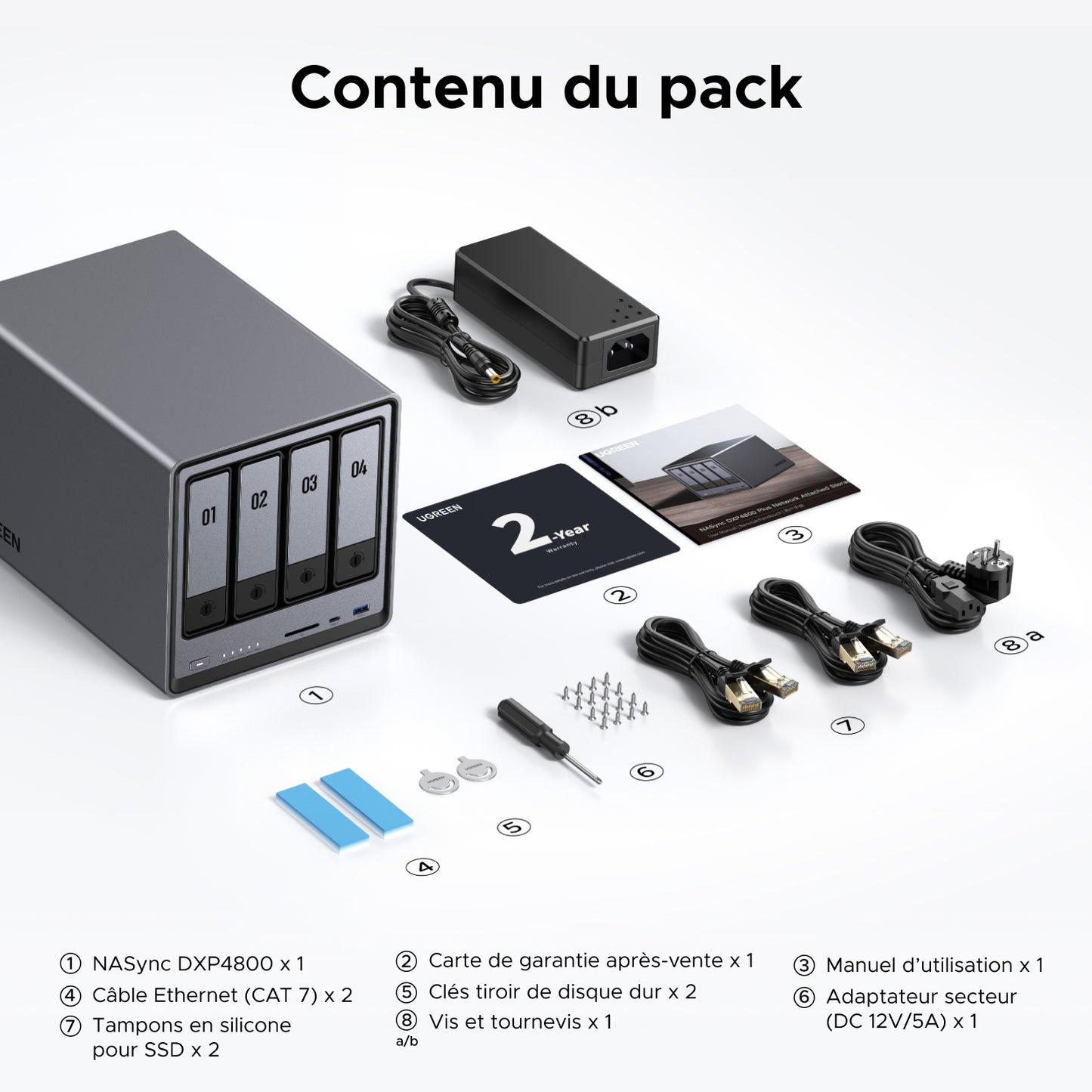 Contenu du pack UGREEN NASync DXP4800 incluant le NAS à 4 baies, câble Ethernet CAT7, adaptateur secteur, tournevis, vis, tampons en silicone, clés de tiroir, manuel d’utilisation et carte de garantie