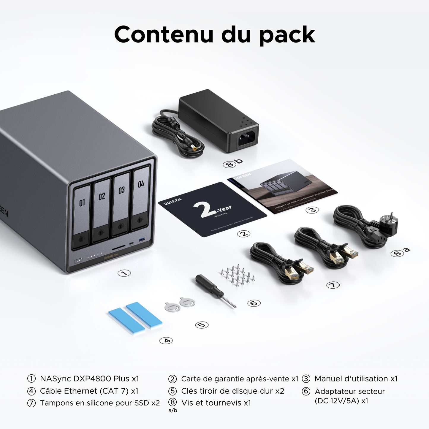 Contenu du pack UGREEN NASync DXP4800 plus  incluant le NAS à 4 baies, câble Ethernet CAT7, adaptateur secteur, tournevis, vis, tampons en silicone, clés de tiroir, manuel d’utilisation et carte de garantie