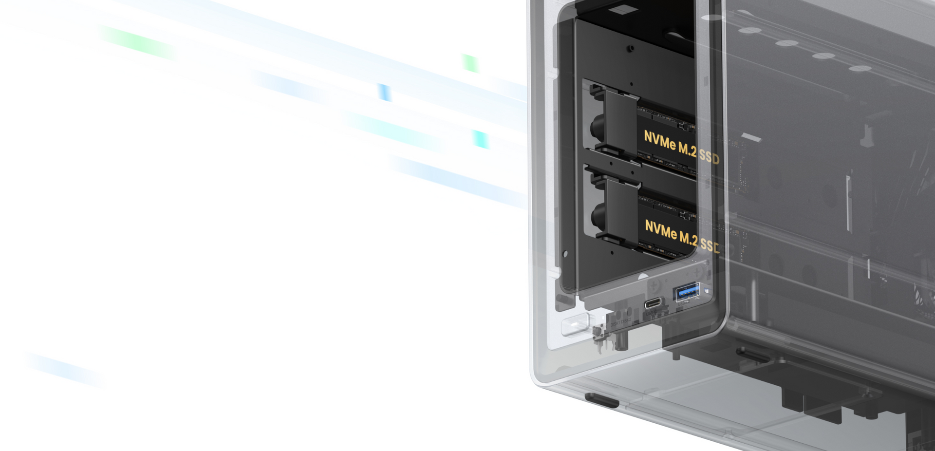Le NASync est équipé de deux emplacements M.2 NVMe pour SSD, augmentant considérablement les vitesses de lecture et d'écriture pour des performances accrues.