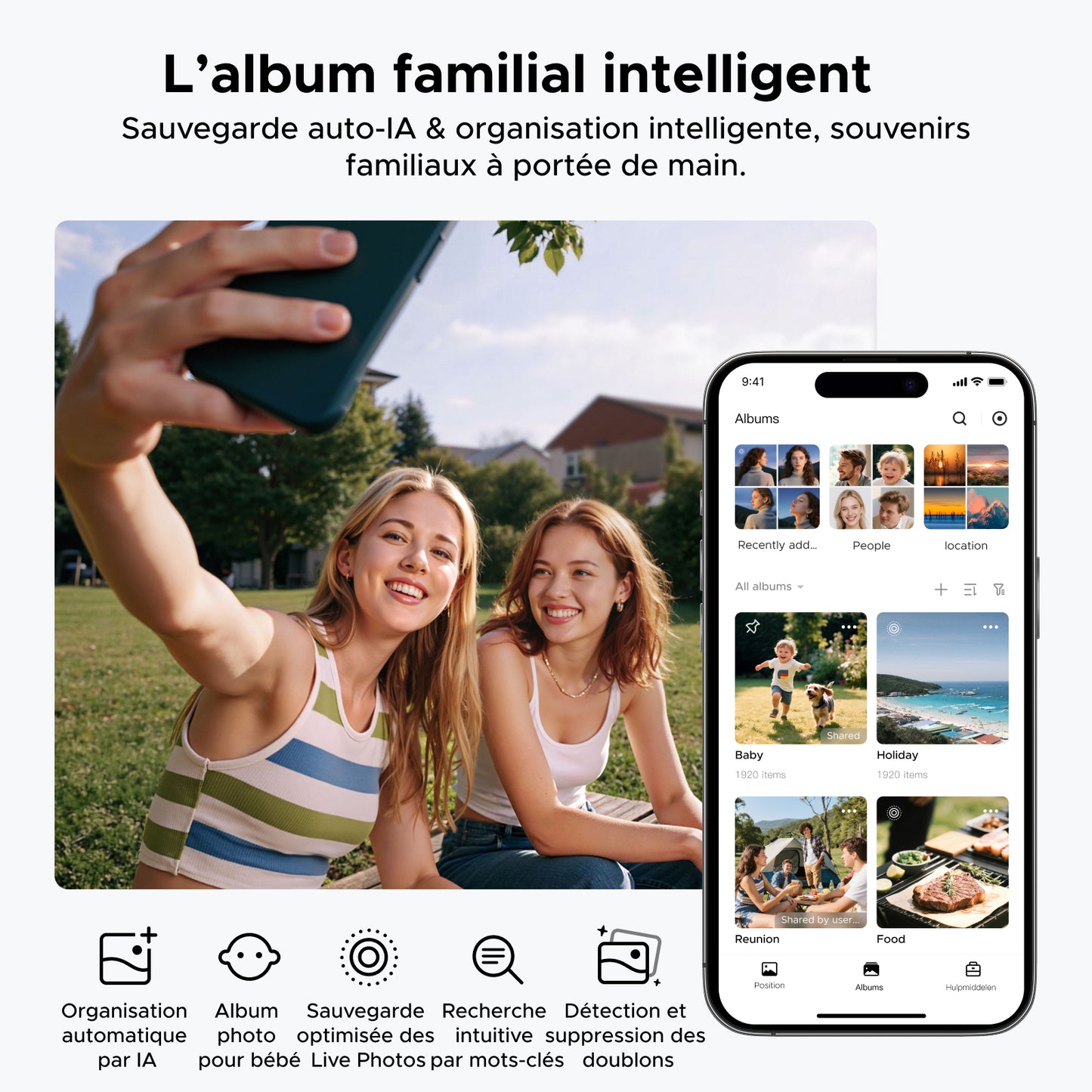 NAS UGREEN NASync – album familial intelligent avec sauvegarde automatique IA, classement par personnes et détection de doublons sur application mobile