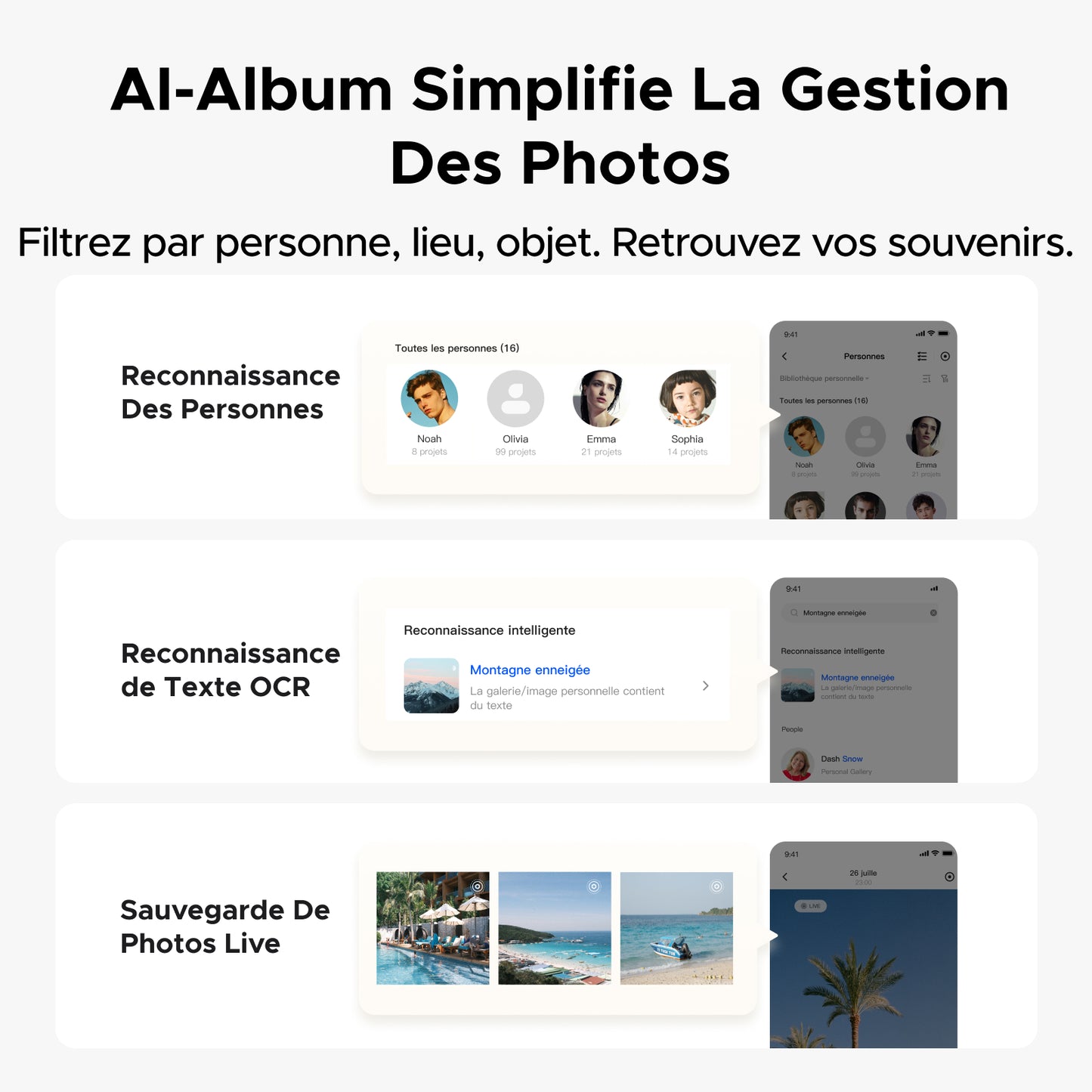 Fonction AI-Album du NAS UGREEN NASync DH2300 – gestion intelligente des photos avec reconnaissance faciale, OCR et sauvegarde automatique des images