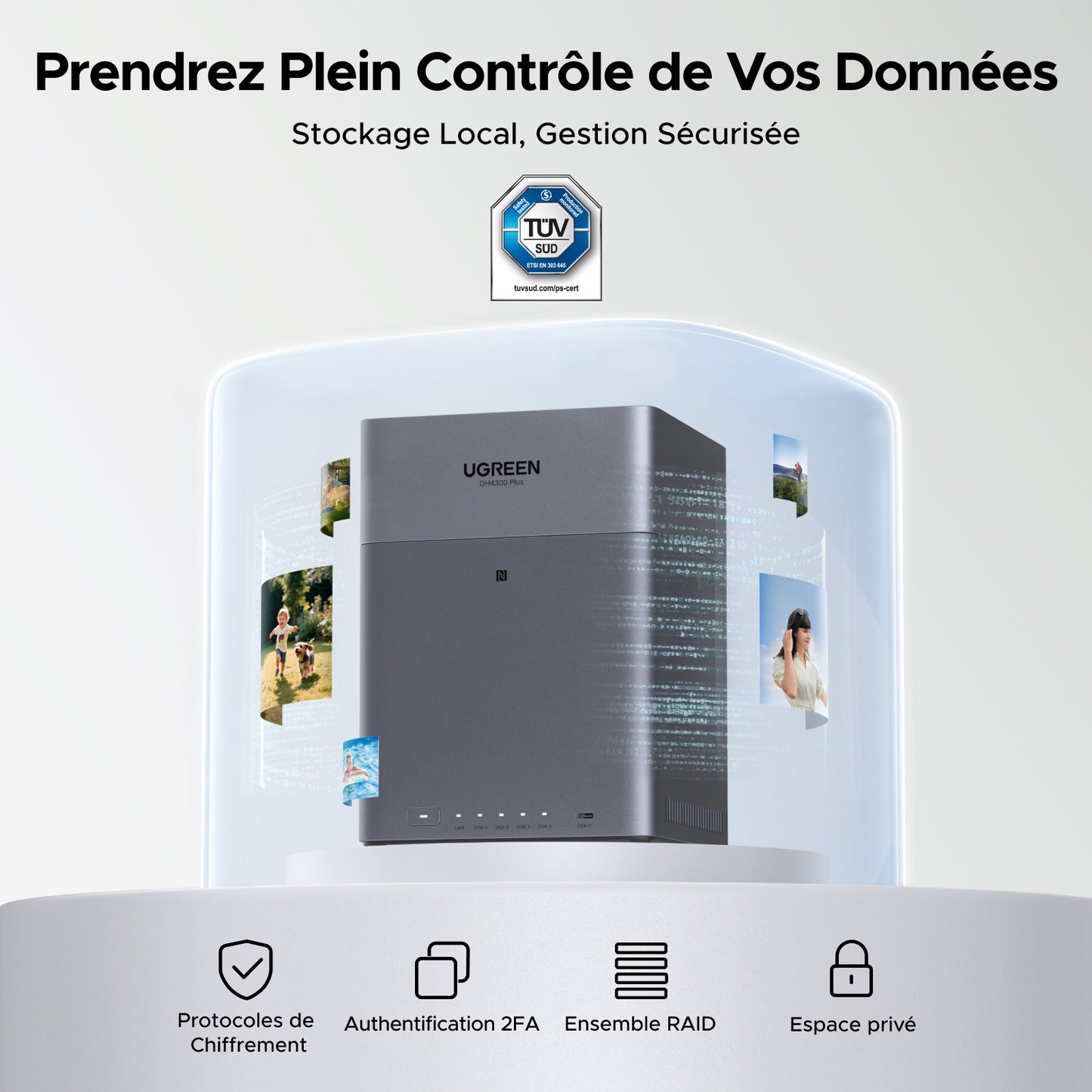 NAS UGREEN NASync DH4300 Plus – stockage local sécurisé avec chiffrement, authentification 2FA, ensemble RAID et certification TÜV SÜD pour une protection totale des données