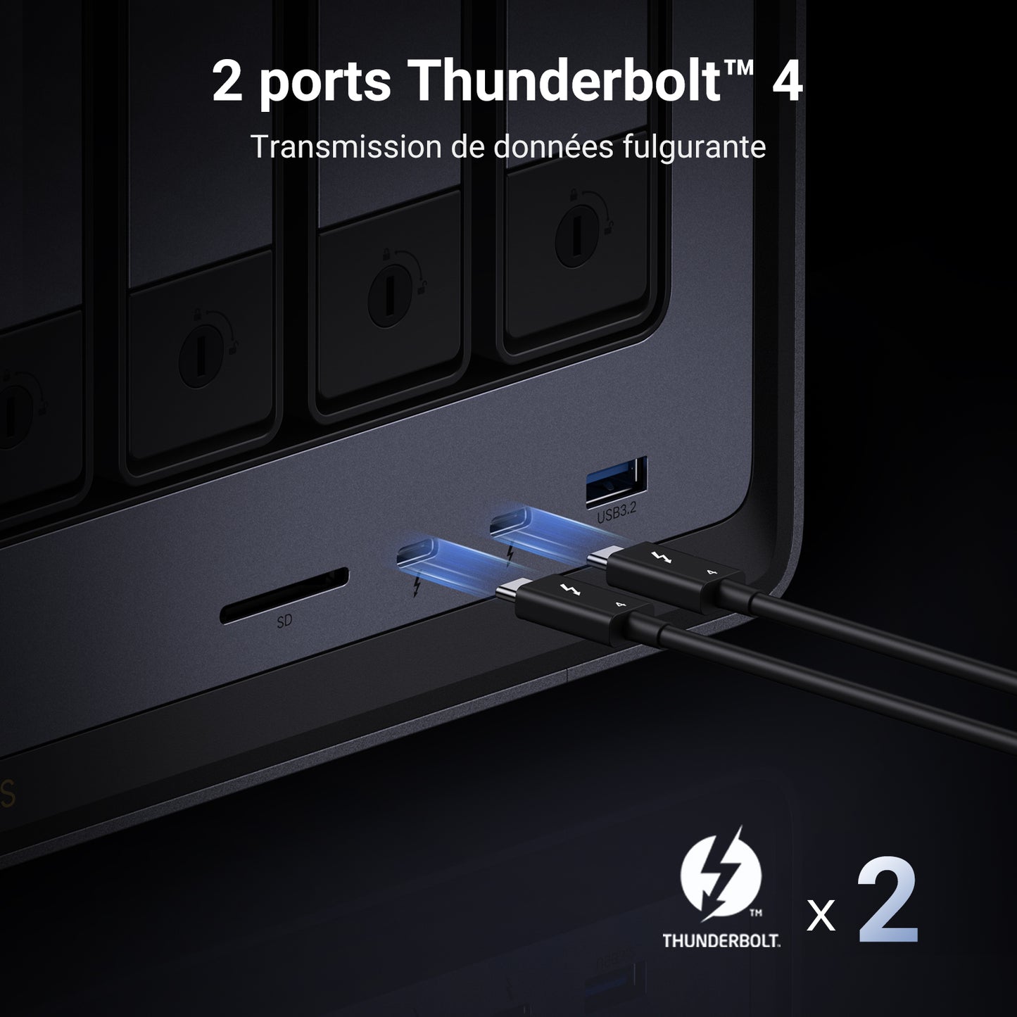 NAS UGREEN DXP6800 Pro avec deux ports Thunderbolt 4 pour un transfert de données ultra-rapide et compatibilité haut débit