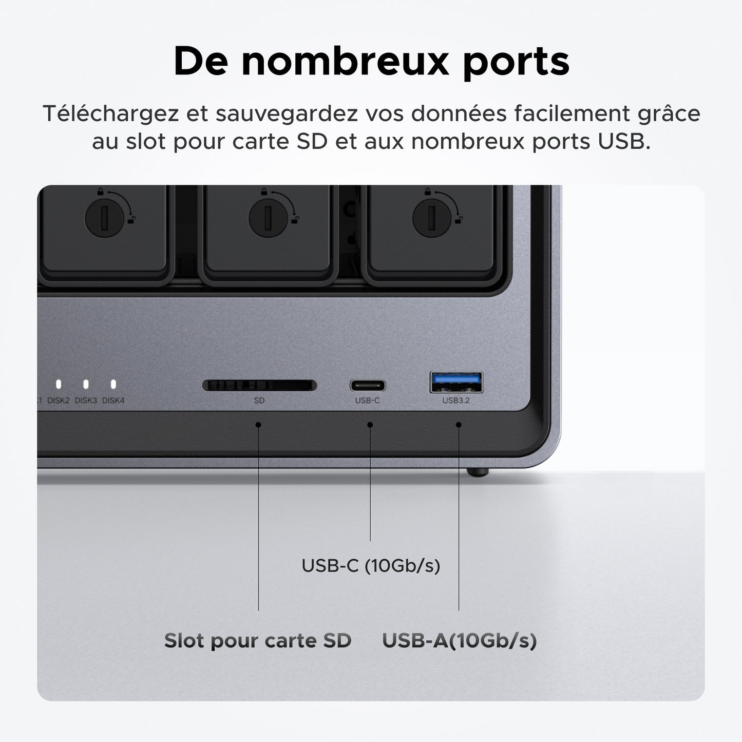 Panneau avant du NAS UGREEN DXP4800 avec slot pour carte SD, port USB-C 10Gb/s et port USB-A 3.2 pour transfert et sauvegarde rapide des données