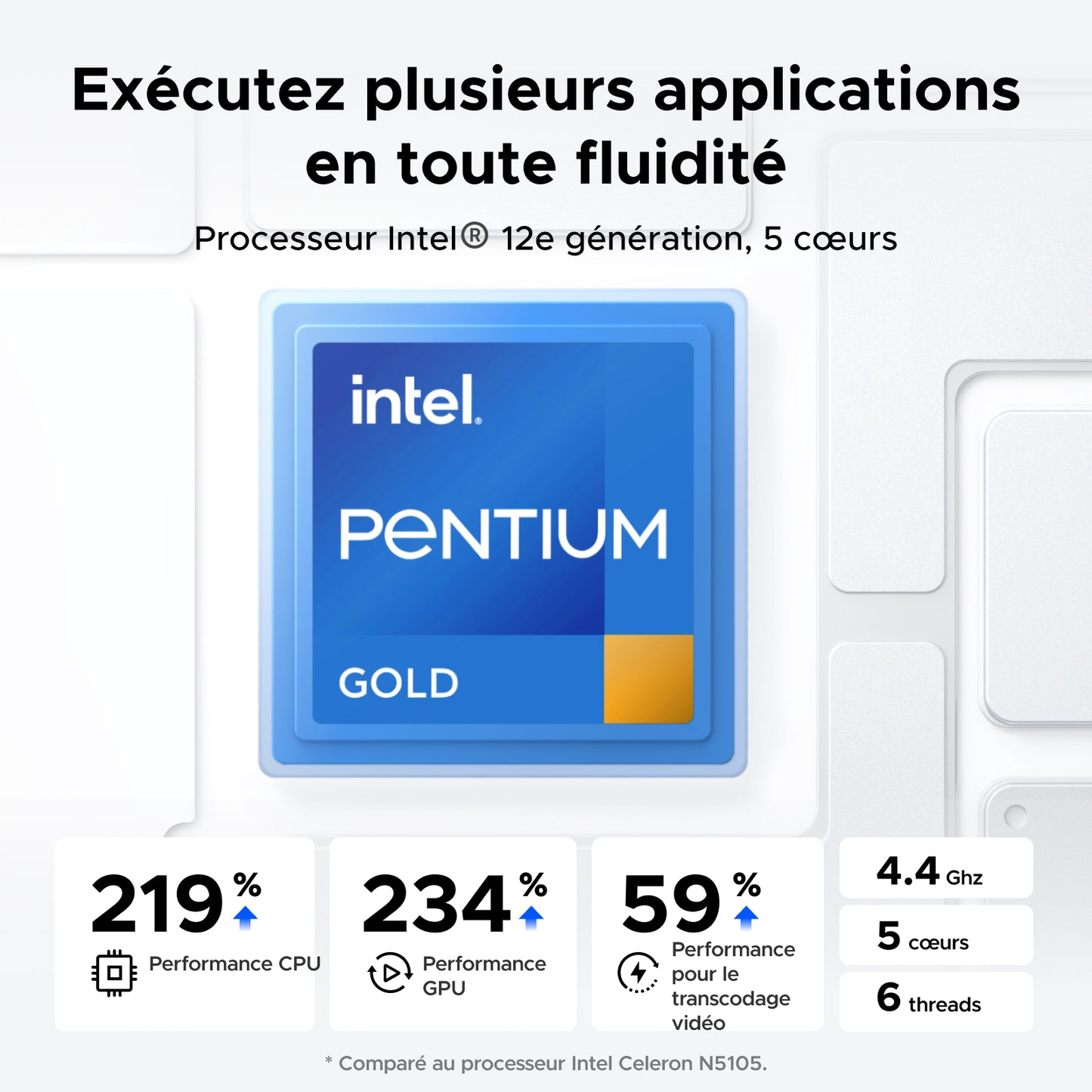 Processeur Intel Pentium Gold 12e génération avec 5 cœurs et 6 threads offrant +219 % de performance CPU et +234 % GPU pour une exécution fluide des applications sur le NAS UGREEN DXP4800 Plus