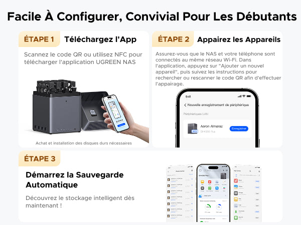 Installation facile du NAS UGREEN en trois étapes — téléchargement de l’application, appairage des appareils et lancement de la sauvegarde automatique