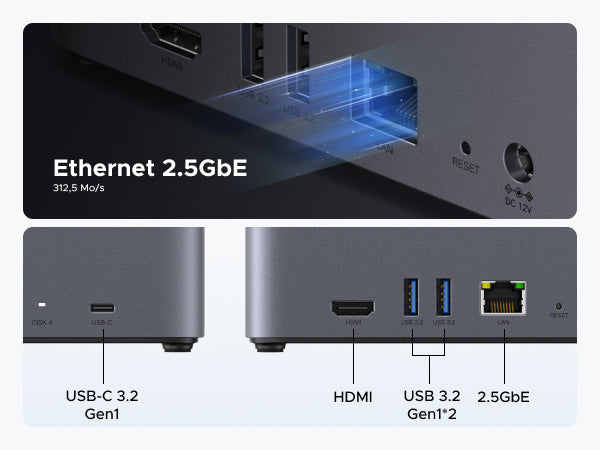 Ports du NAS UGREEN DH4300 Plus avec connectivité Ethernet 2.5GbE, USB 3.2 et HDMI pour transferts de données rapides et haute compatibilité