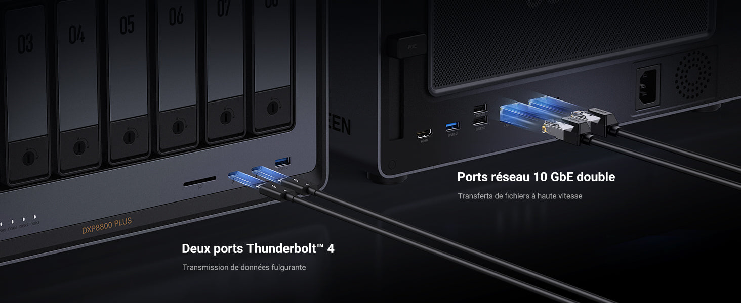 NAS UGREEN DXP8800 Plus équipé de deux ports Thunderbolt 4 et de doubles ports réseau 10 GoE pour des transferts de données ultra-rapides