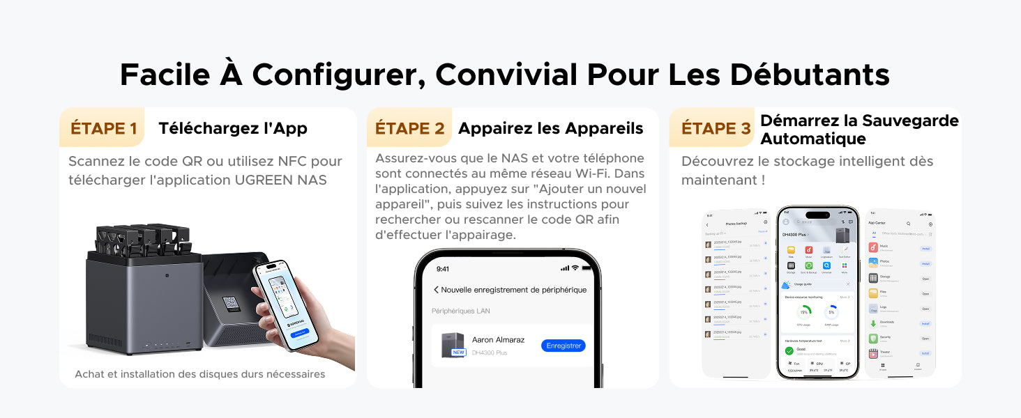 Installation facile du NAS UGREEN en trois étapes — téléchargement de l’application, appairage des appareils et lancement de la sauvegarde automatique