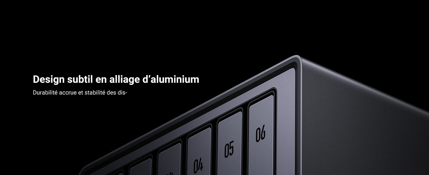 NAS UGREEN DXP6800 Pro au design en alliage d’aluminium, offrant durabilité accrue et stabilité des disques