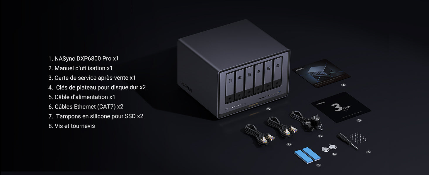 Contenu du pack NAS UGREEN DXP6800 Pro avec boîtier, câbles Ethernet CAT7, alimentation, tournevis, vis, tampons en silicone et documents de garantie