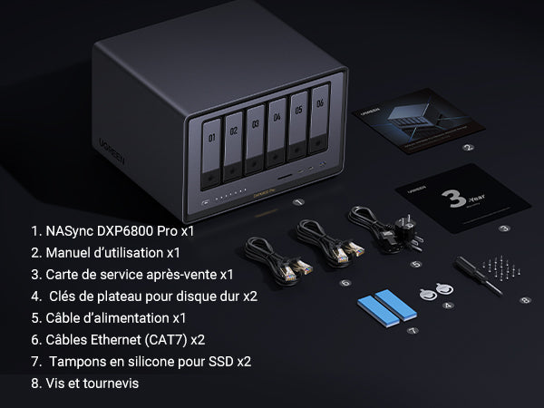 Contenu du pack NAS UGREEN DXP6800 Pro avec boîtier, câbles Ethernet CAT7, alimentation, tournevis, vis, tampons en silicone et documents de garantie