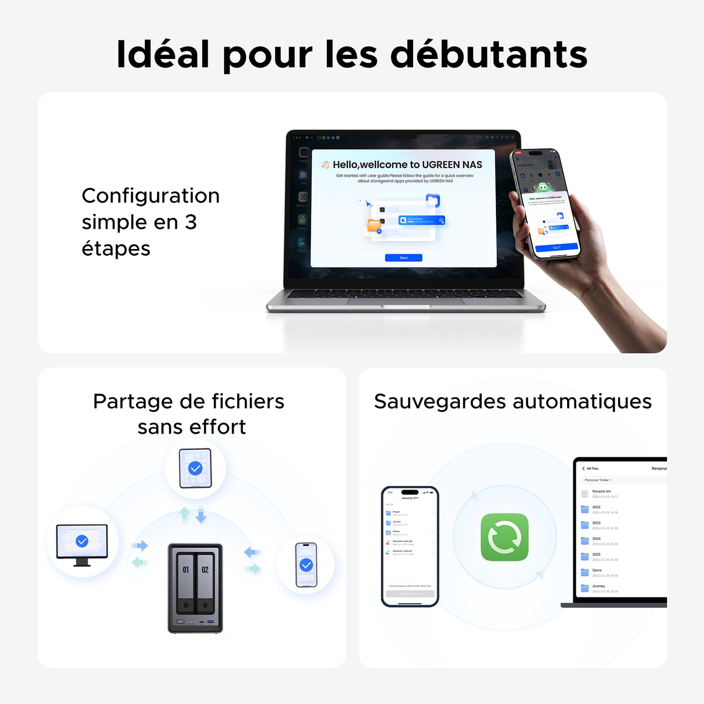 NAS UGREEN facile à utiliser pour les débutants avec configuration en 3 étapes, partage de fichiers simplifié et sauvegardes automatiques entre appareils
