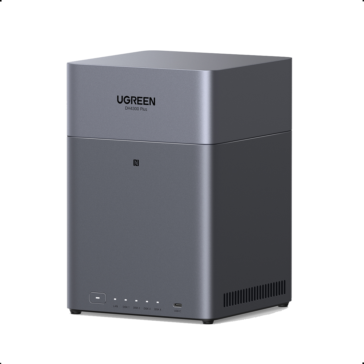 Serveur NAS UGREEN NASync DH4300 Plus – 4 baies 120 To, connectivité NFC, design vertical gris aluminium